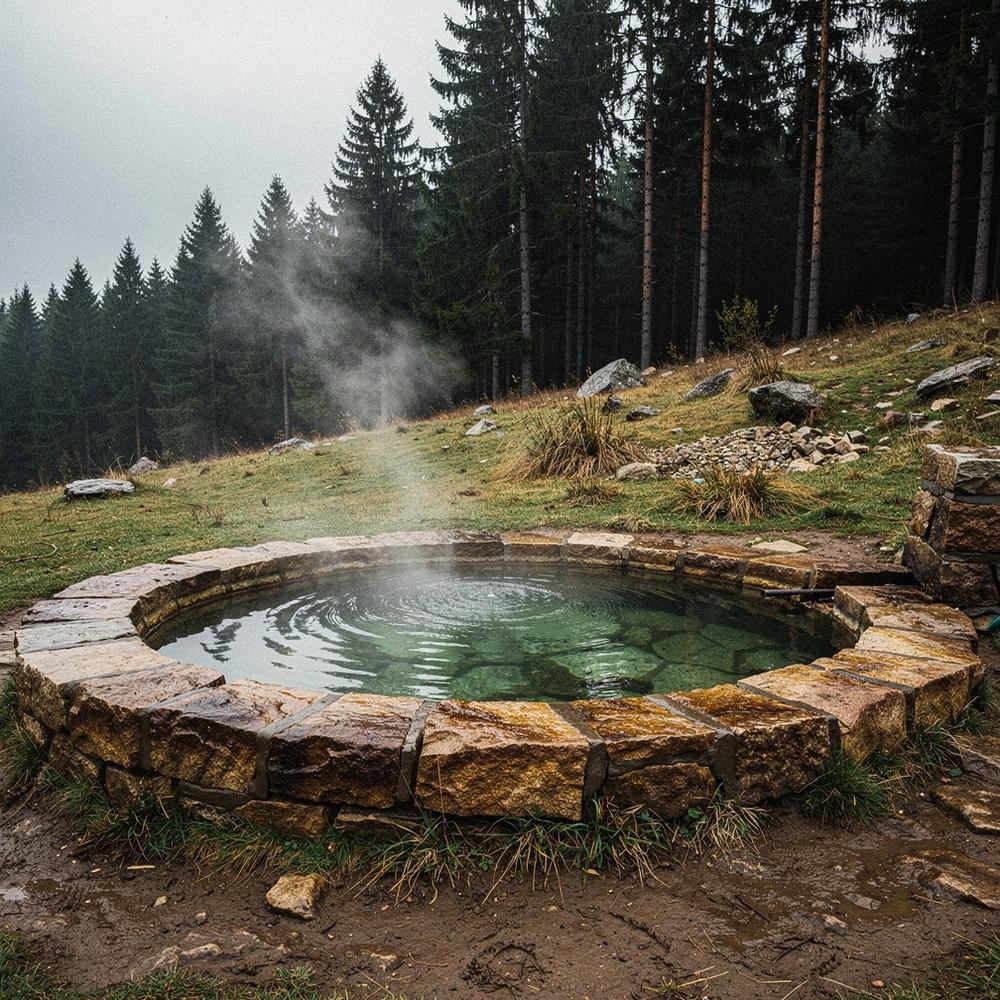 Stone-rimmed mineral water basin at a licensed Carpathian spring, steam rising over the water